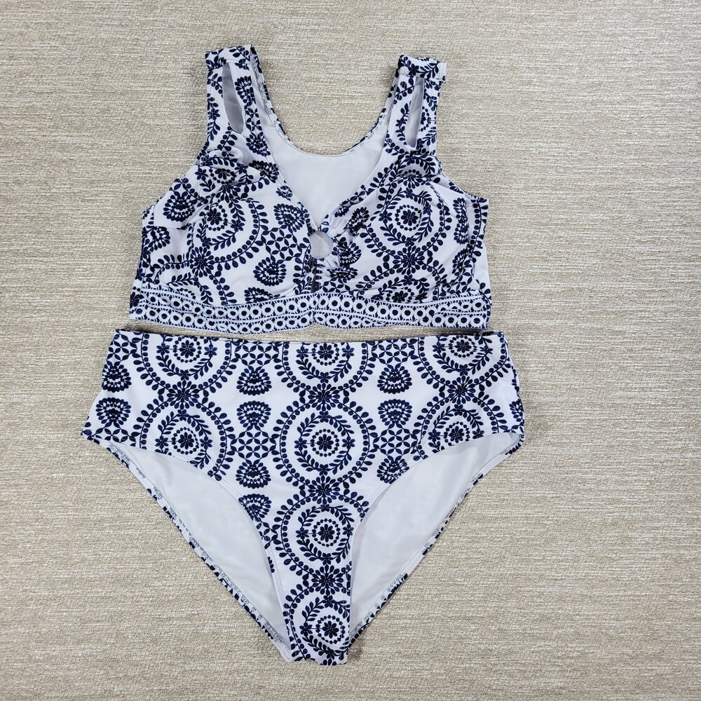 Bikini Swimwear Womens 4XL Blue‎ White Keyhole Soft Padding Swim Beach Summer
